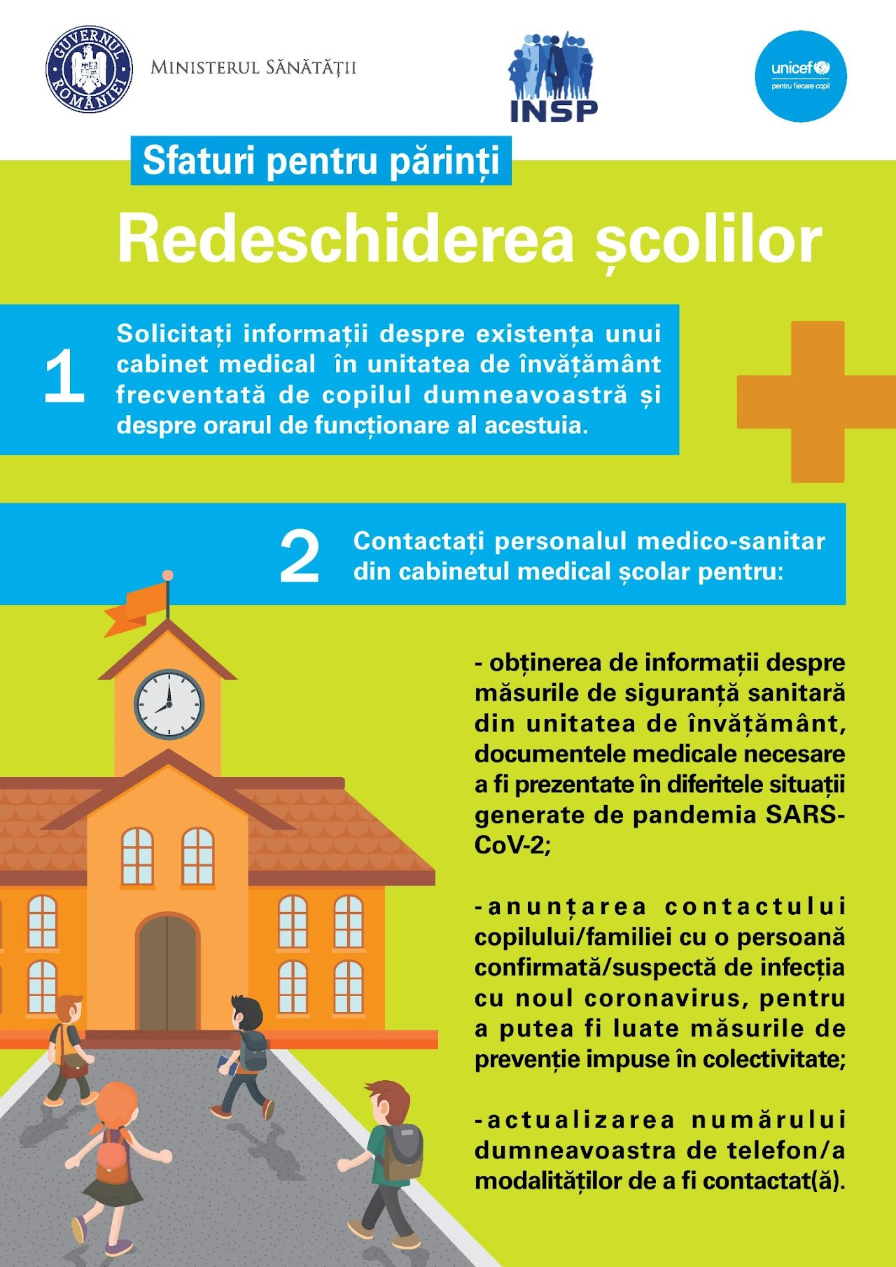 Afiș informativ pentru părinți care oferă sfaturi despre redeschiderea școlilor în contextul pandemiei COVID-19, sugerând părinților să solicite informații despre existența unui cabinet medical în școală și programul acestuia, îndemnându-i să contacteze personalul medico-sanitar din școală pentru a obține detalii privind măsurile de siguranță sanitară, documentele medicale necesare în diverse situații legate de COVID-19, notificarea cazurilor de contact cu persoane infectate și actualizarea informațiilor de contact, iar în partea de sus se află siglele Ministerului Sănătății, INSP și UNICEF