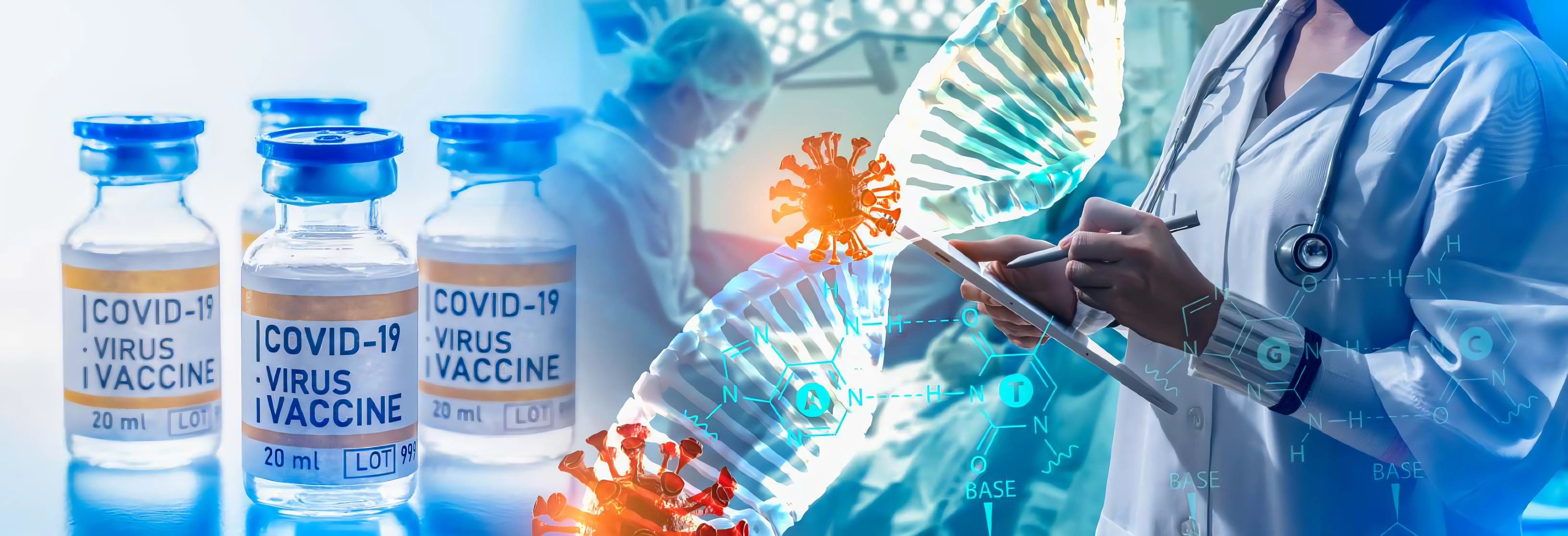 În prim-plan sunt flacoane de vaccin împotriva COVID-19, cu etichete care indică virusul și vaccinul, în fundal este un cadru științific, specialist în domeniul sănătății, care examinează date, alături de o reprezentare grafică a structurii ADN-ului și a particulelor virale, ilustrând cercetări și progrese în vaccinarea și tratamentele împotriva COVID-19