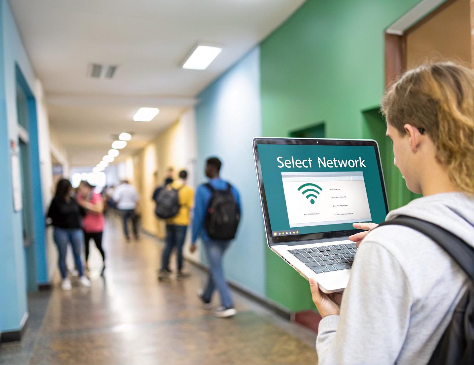 Un elev, cu rucsac în spate, ține un laptop deschis pe un hol iluminat de școală și selectează o rețea wireless pe ecran, iar în fundal, estompați, se văd alți elevi care merg pe coridor
