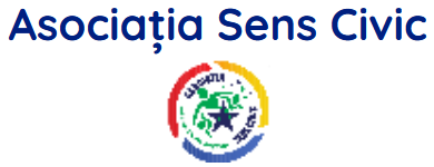 Sigla Asociației „Sens Civic”: textul „Asociația Sens Civic” în albastru deasupra unui logo circular cu un design în formă de stea și Pământ, înconjurat de dungi roșii, galbene și albastre