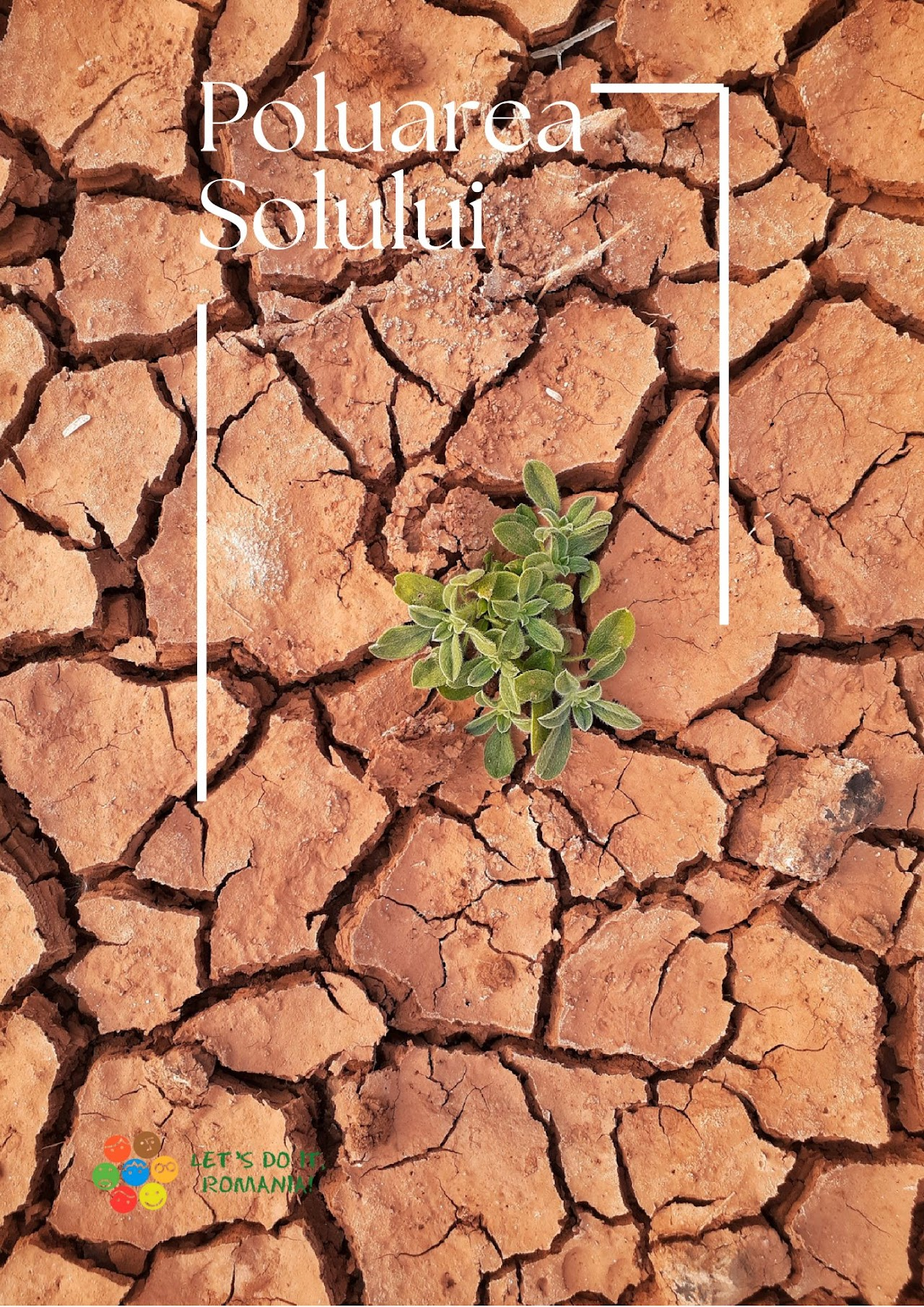 Sol crăpat și uscat, din care iese la iveală o mică plantă verde, cu textul „Poluarea Solului” și sigla „Let’s Do It, Romania!”, evidențiind necesitatea stopării poluării solului